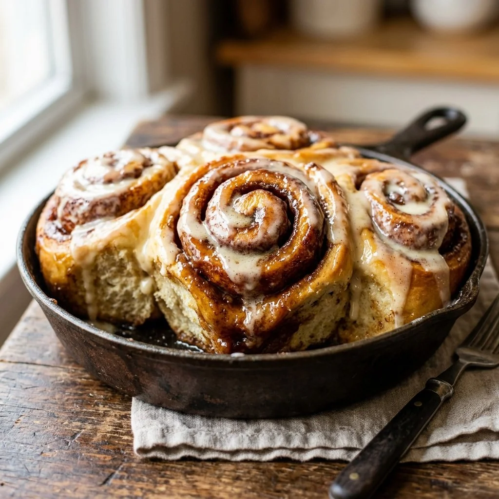 Freshly baked cinnamon rolls with icing on a rustic wooden table