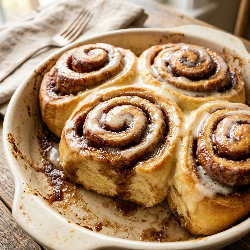 Freshly baked cinnamon rolls with icing on a plate