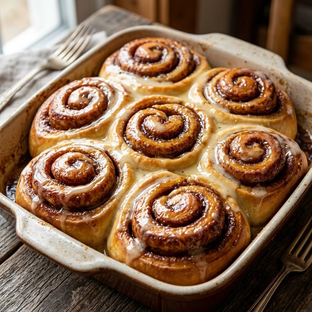 Freshly baked cinnamon rolls drizzled with icing on a baking tray.