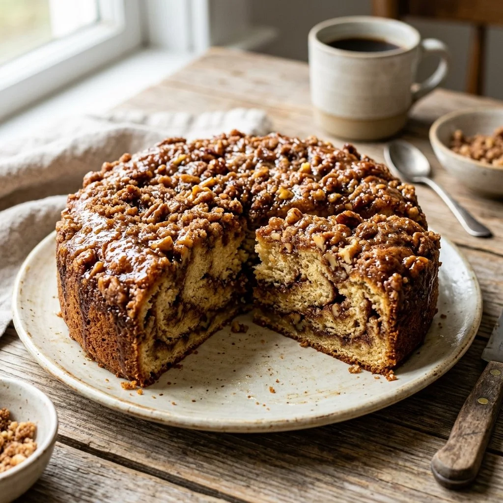 Homemade cinnamon swirl coffee cake with a golden crust and cinnamon filling