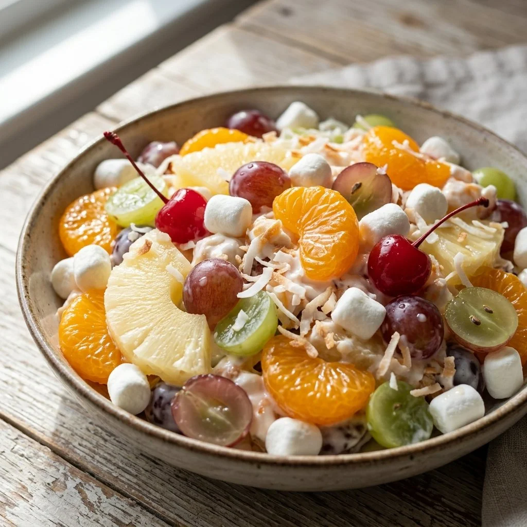 Classic Ambrosia Salad with fruits, marshmallows, and creamy dressing
