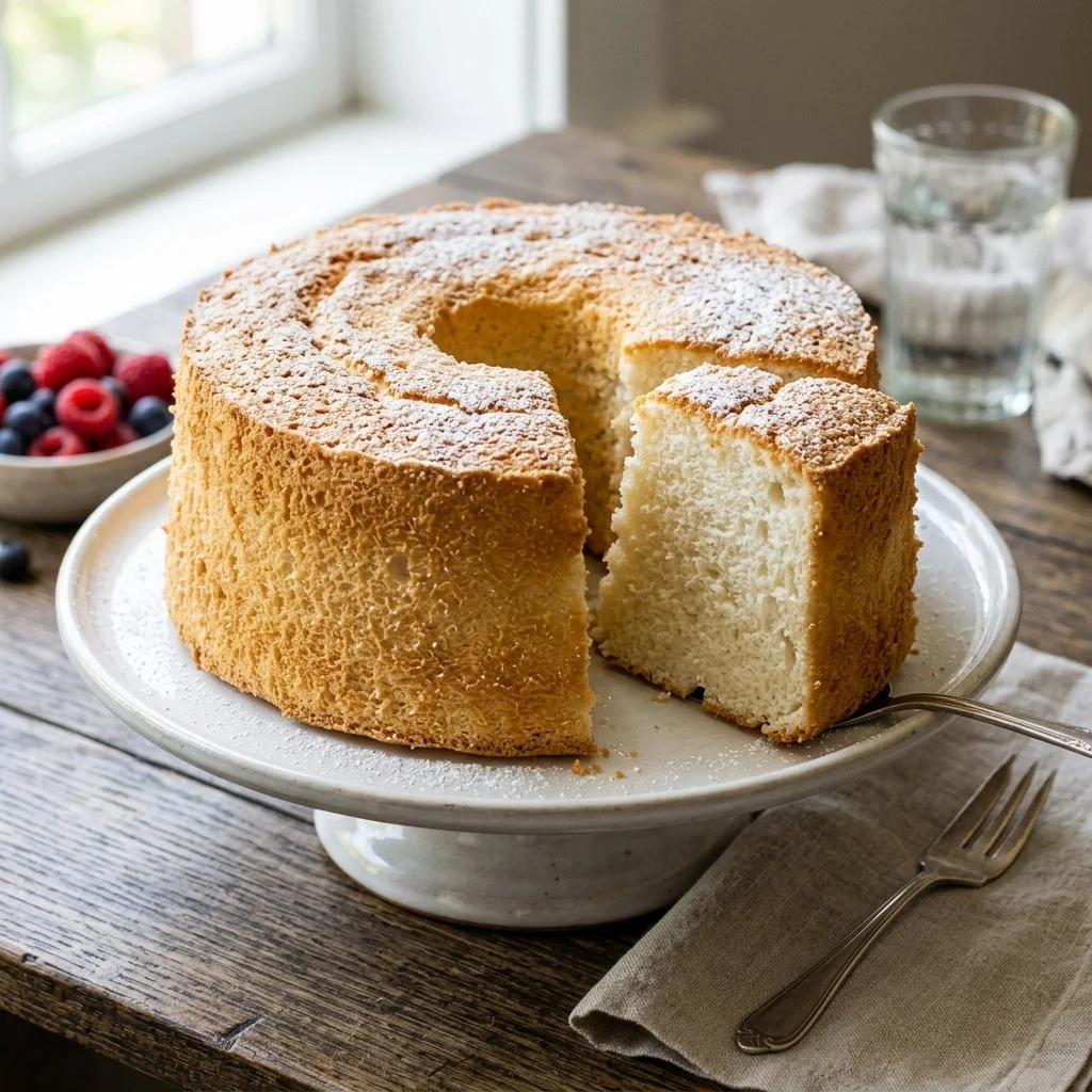 Classic Angel Food Cake topped with fresh berries on a white plate