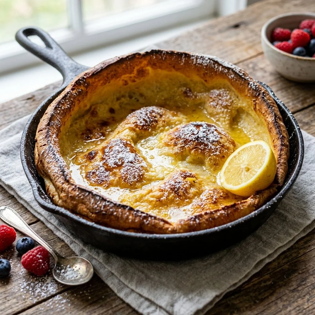 Classic Dutch Baby pancake served with fresh fruit and powdered sugar