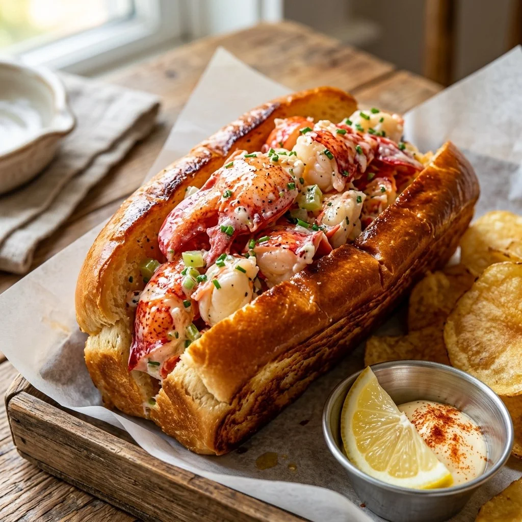 Delicious classic lobster rolls served with lemon and herbs