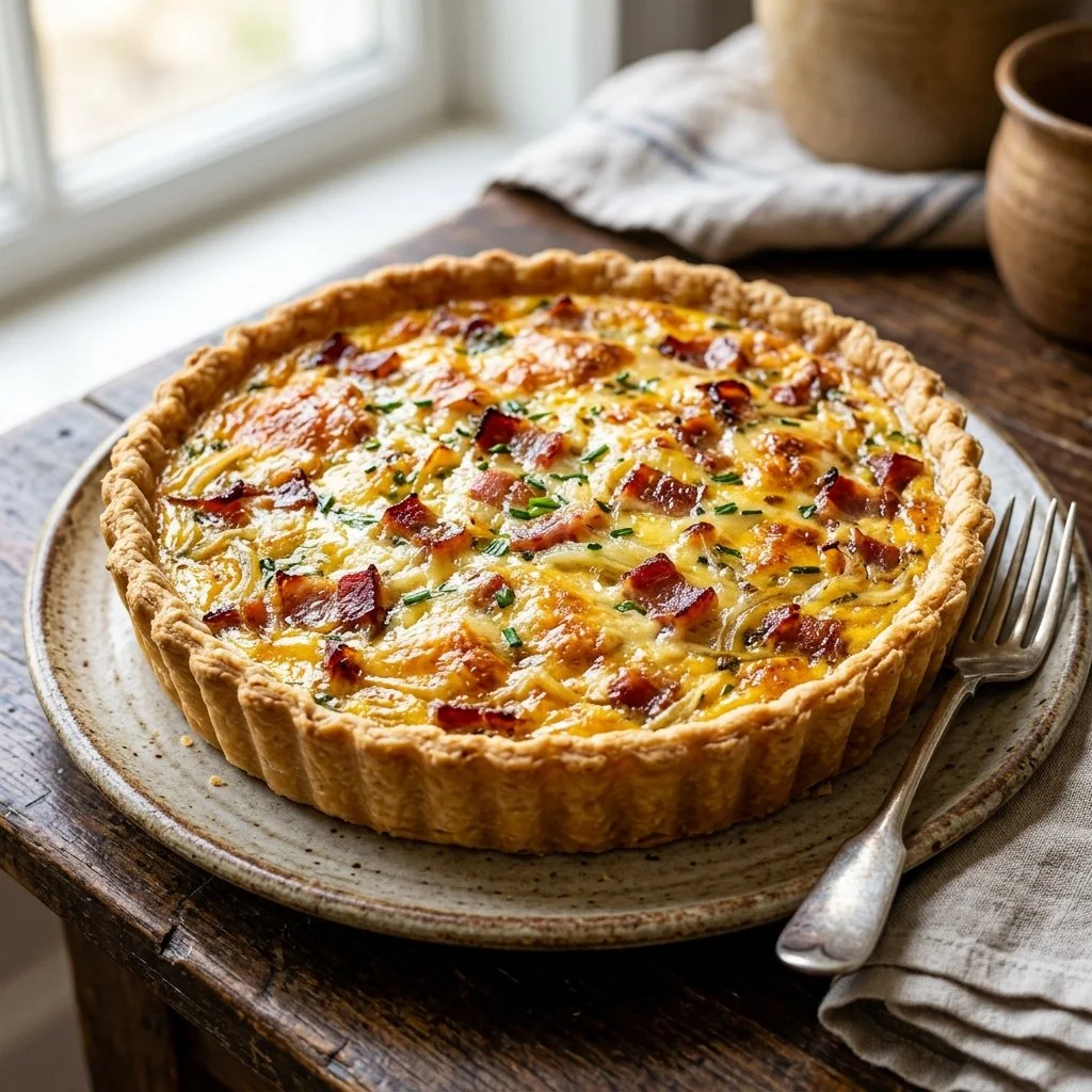 Delicious Classic Quiche Lorraine with crispy bacon and cheese in a flaky crust