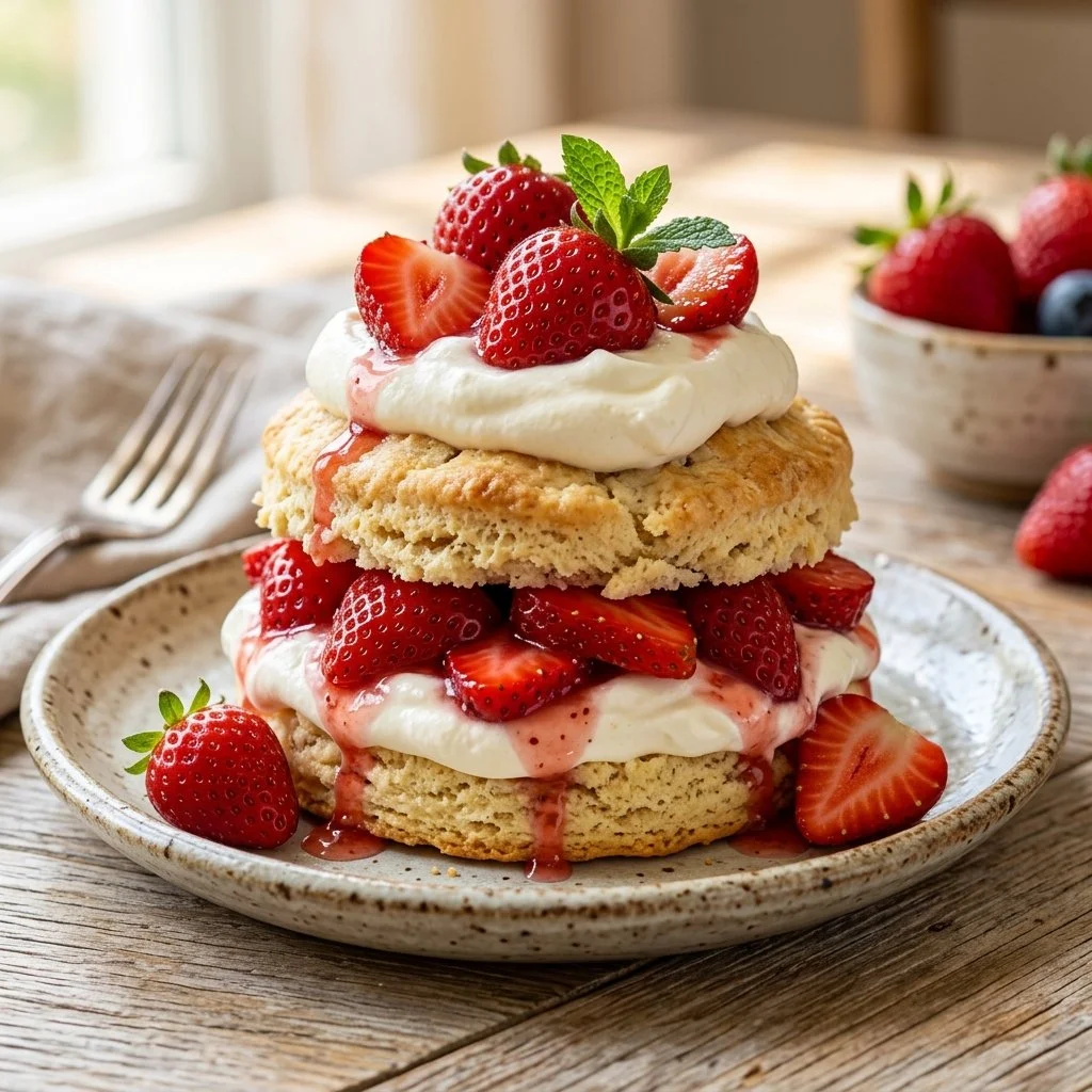 Delicious classic strawberry shortcake topped with fresh strawberries and cream