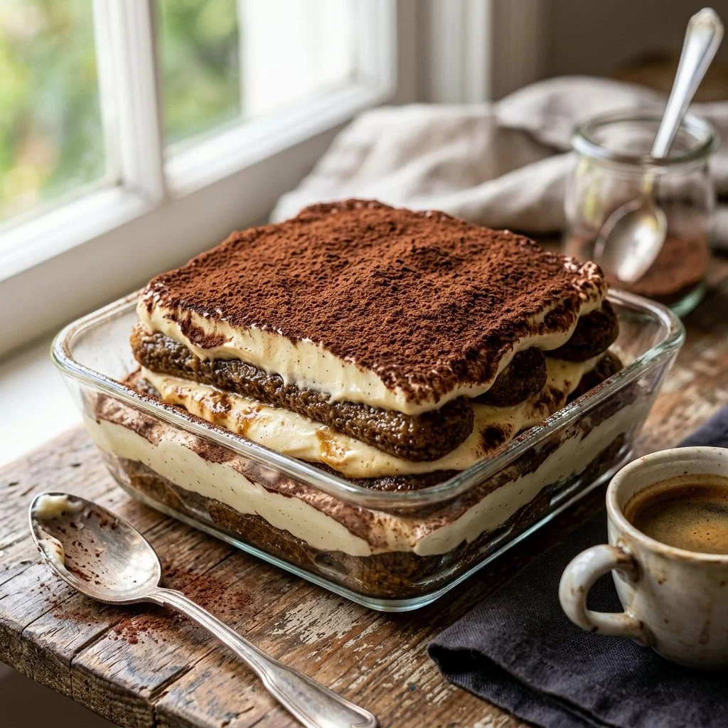 Delicious classic tiramisu dessert with coffee and mascarpone layers