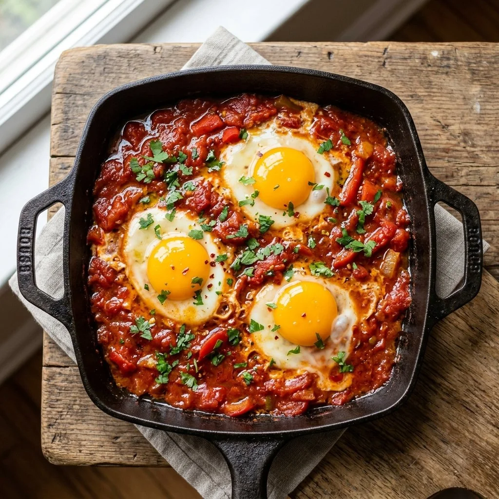 Delicious Classic Tomato Shakshuka served in a skillet with fresh herbs.
