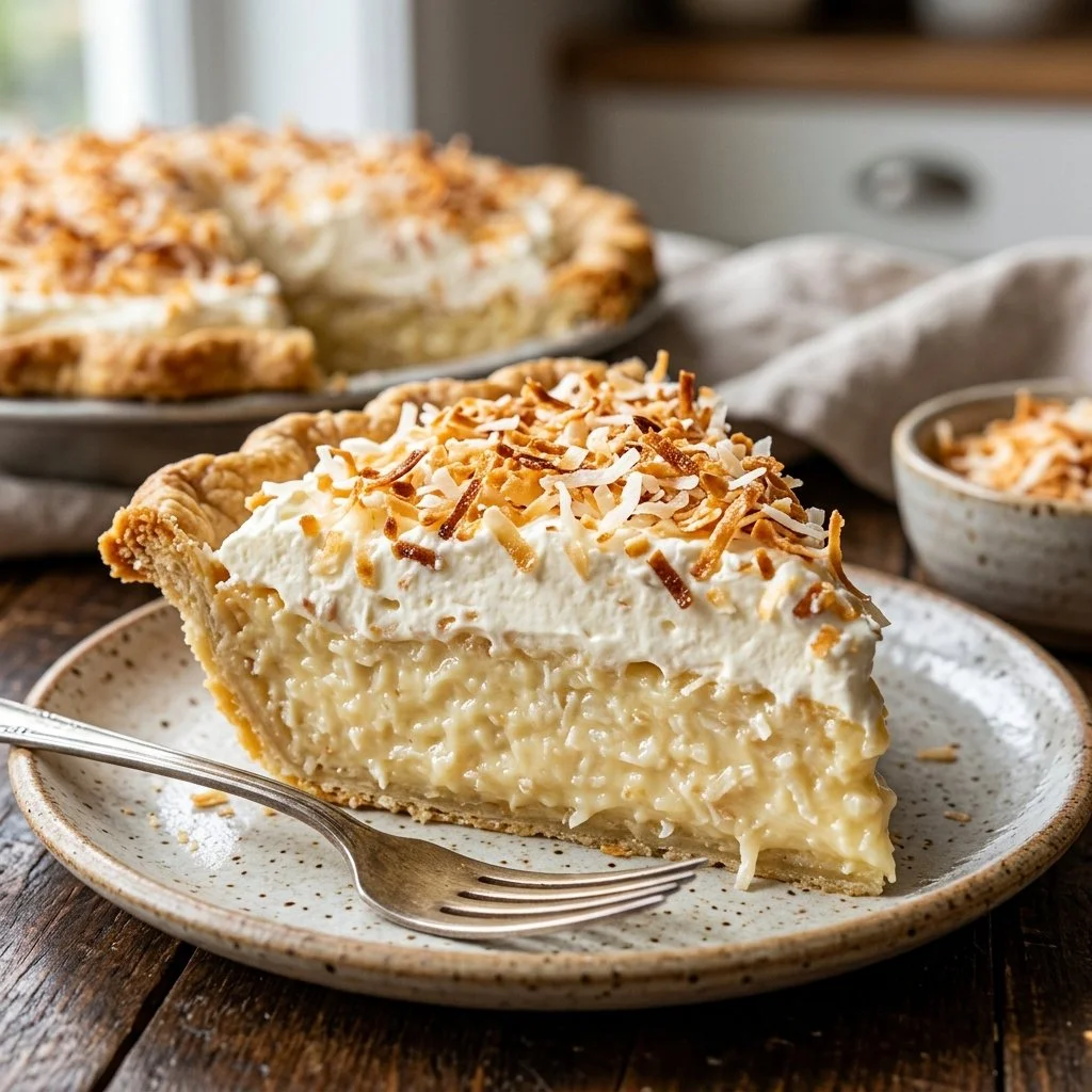 Delicious homemade Coconut Cream Pie with whipped cream topping and coconut flakes