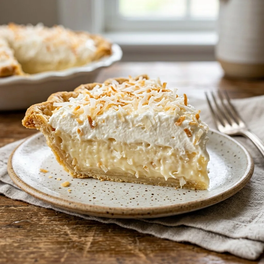 Delicious coconut cream pie topped with whipped cream and shredded coconut
