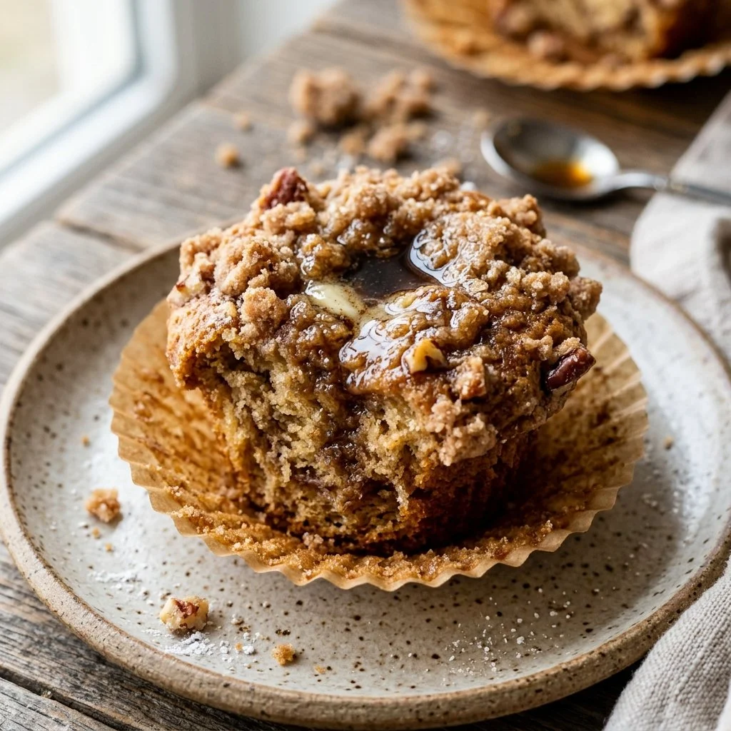 Freshly baked coffee cake muffins topped with crumbly streusel