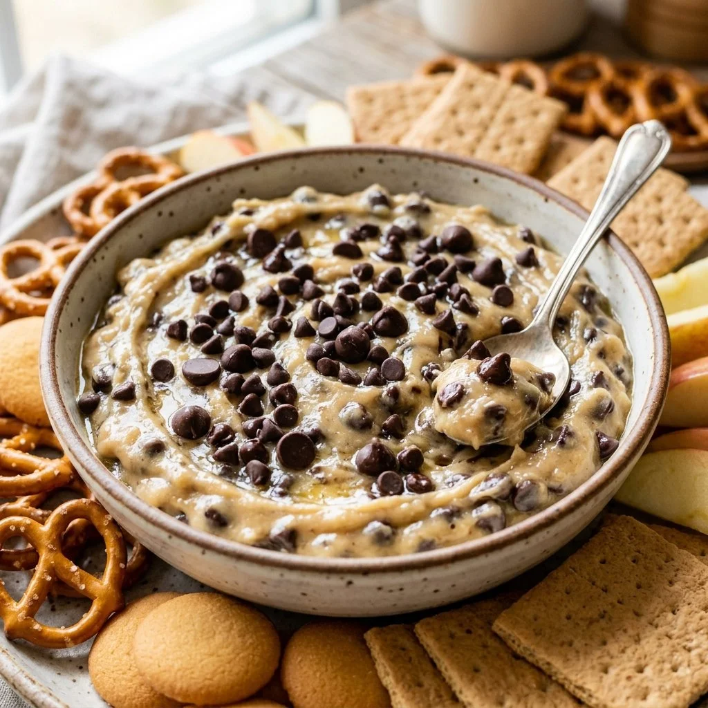 Delicious homemade Cookie Dough Dip served in a bowl with chocolate sprinkles.