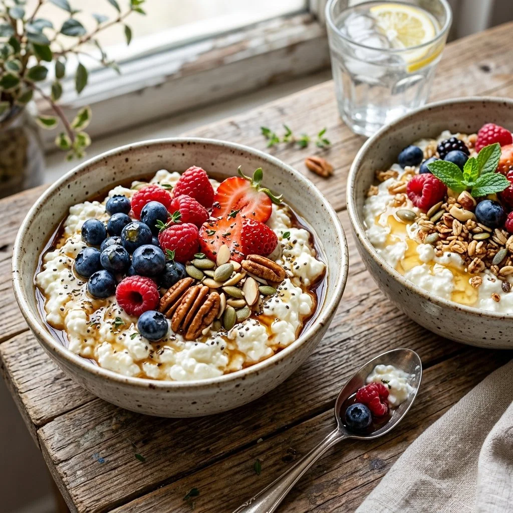 A colorful cottage cheese breakfast bowl topped with fruits and nuts.