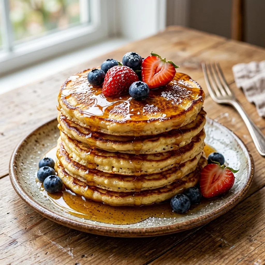 Delicious and fluffy cottage cheese pancakes served with syrup and berries
