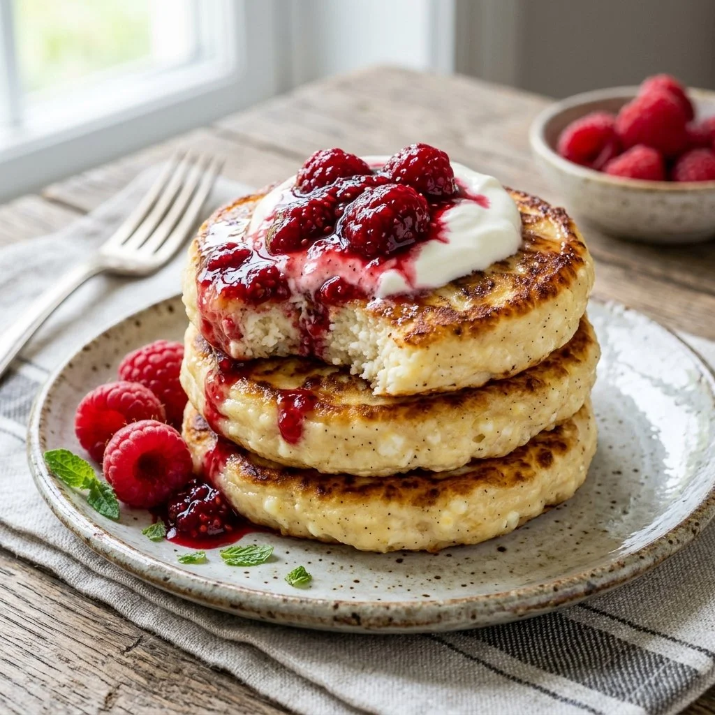 Fluffy Cottage Cheese Pancakes served with syrup and fresh fruit
