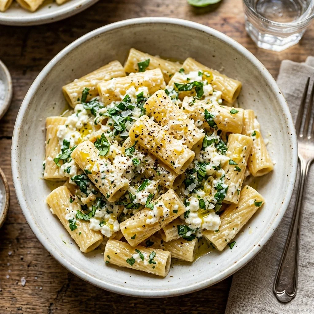 Delicious Cottage Cheese Pasta dish topped with fresh herbs