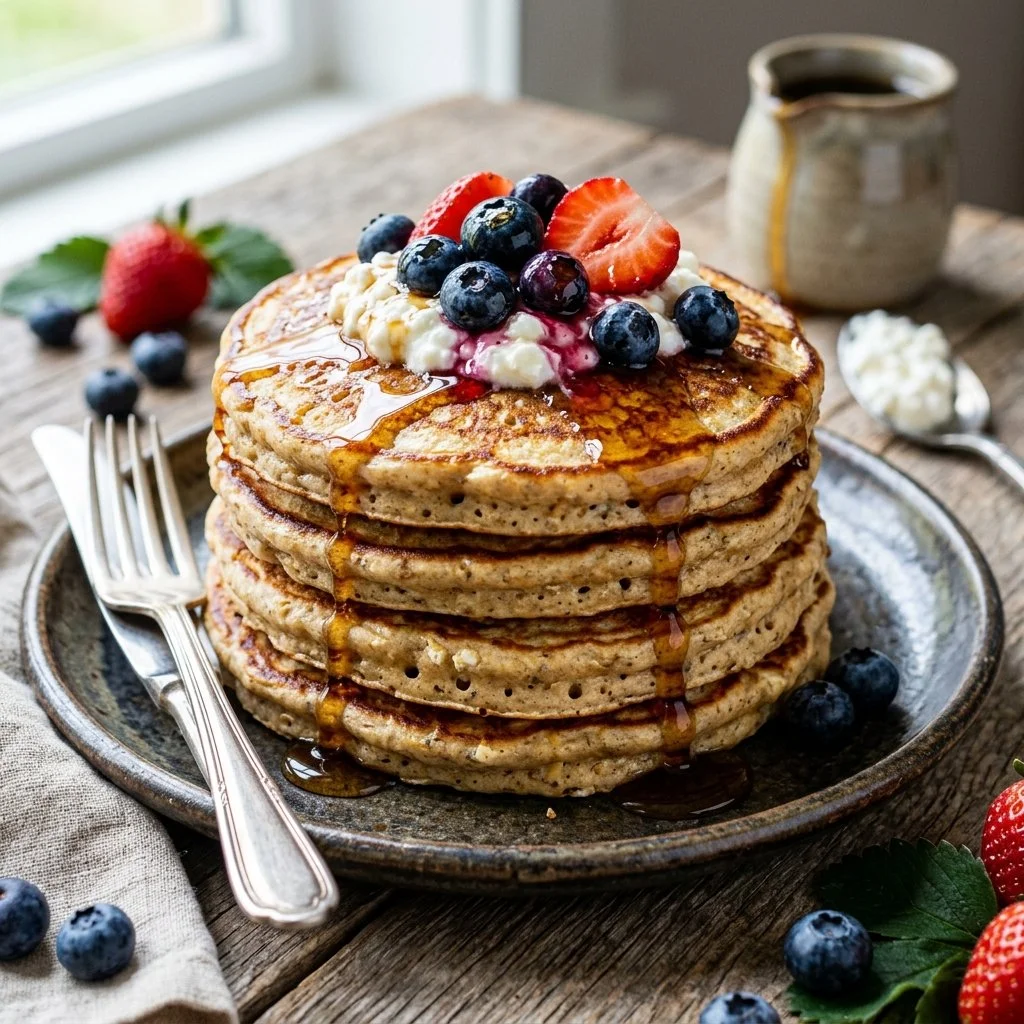 Fluffy cottage cheese protein pancakes stacked on a plate with syrup.