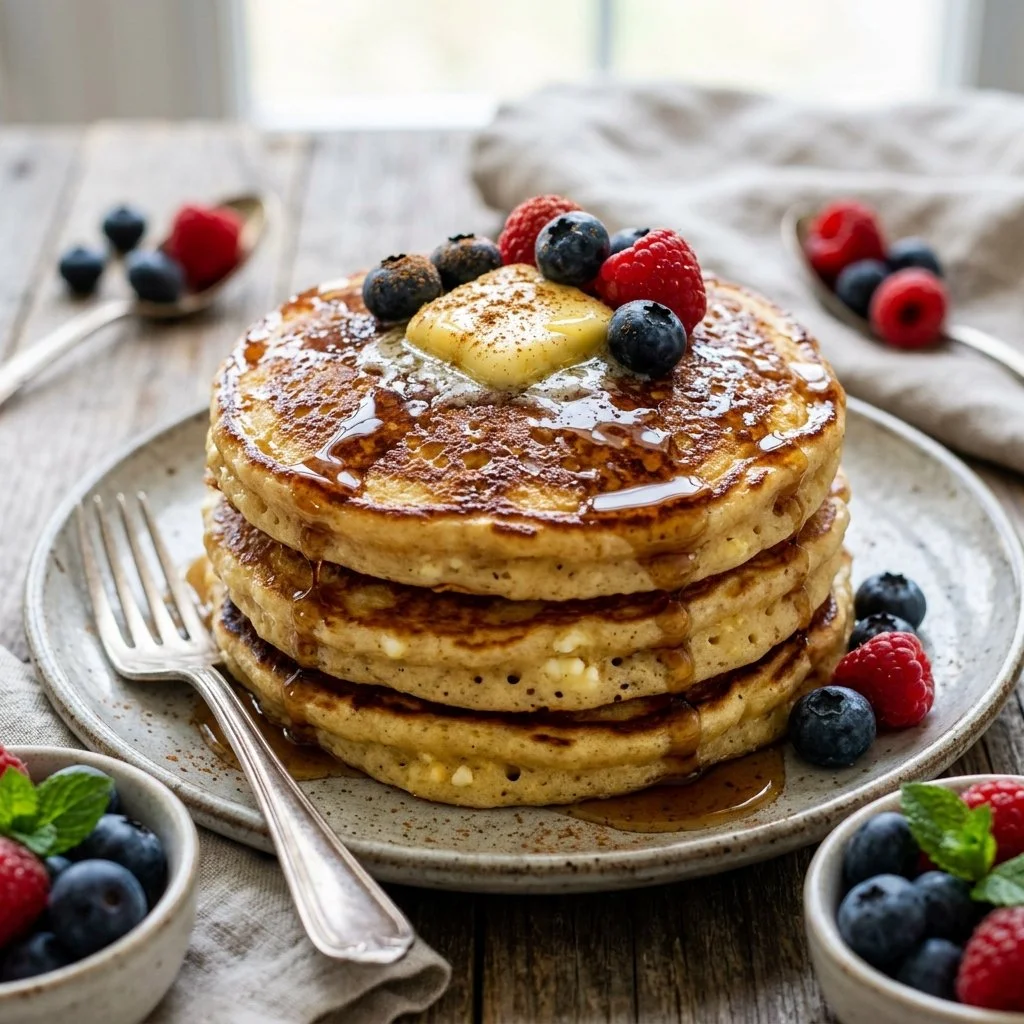 Fluffy cottage cheese protein pancakes stacked with berries and syrup
