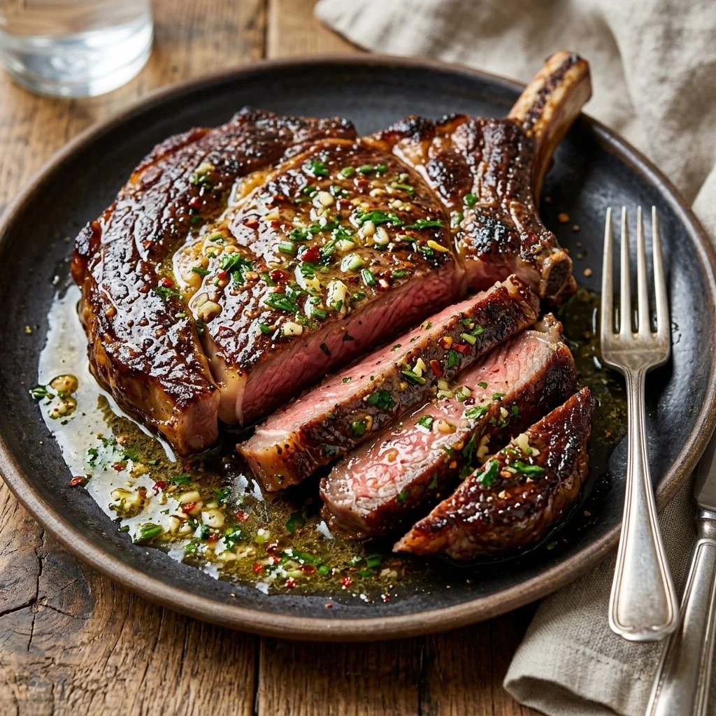 Delicious Cowboy Butter Steak topped with herb-infused butter and served on a plate.