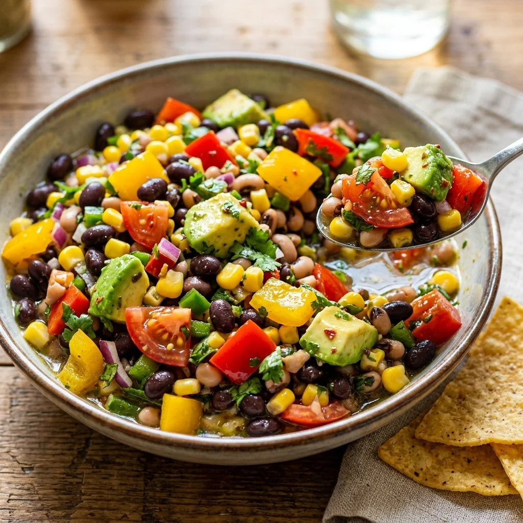 Bowl of colorful Cowboy Caviar made with beans and fresh vegetables