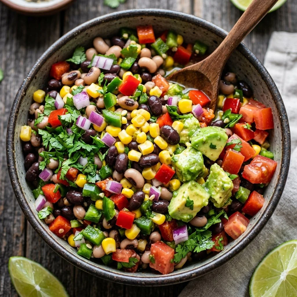 Bowl of colorful Cowboy Caviar with beans and vegetables