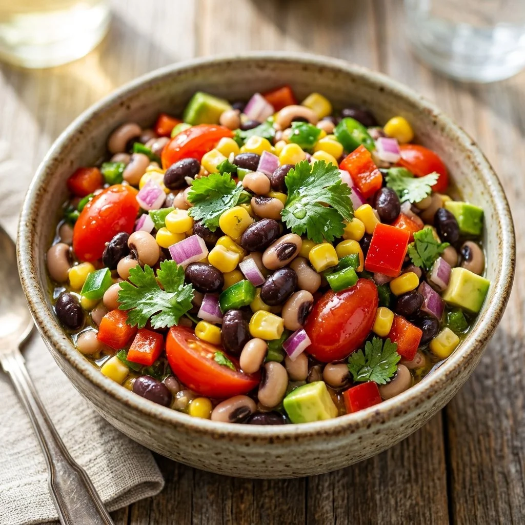 Delicious Cowboy Caviar featuring colorful vegetables and beans in a bowl.