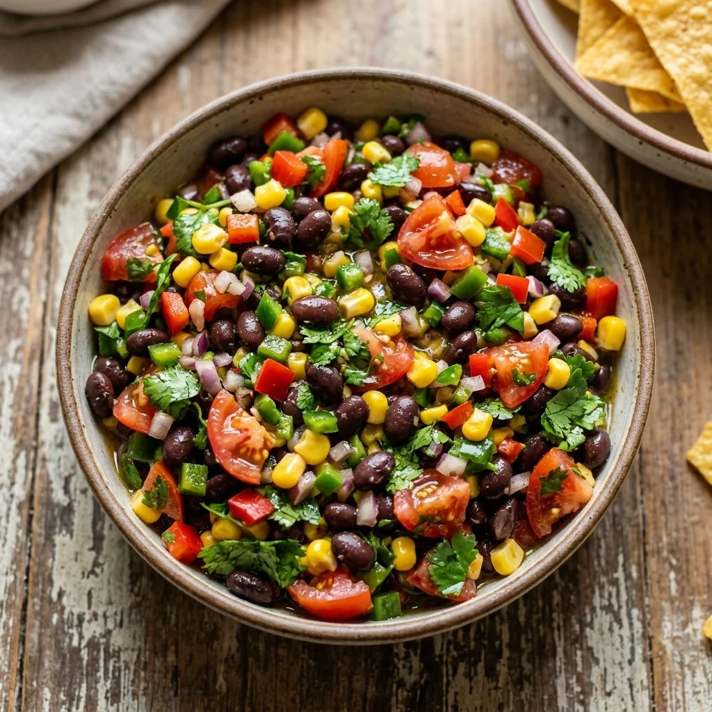 Delicious Cowboy Caviar dip made with beans, corn, and spices.