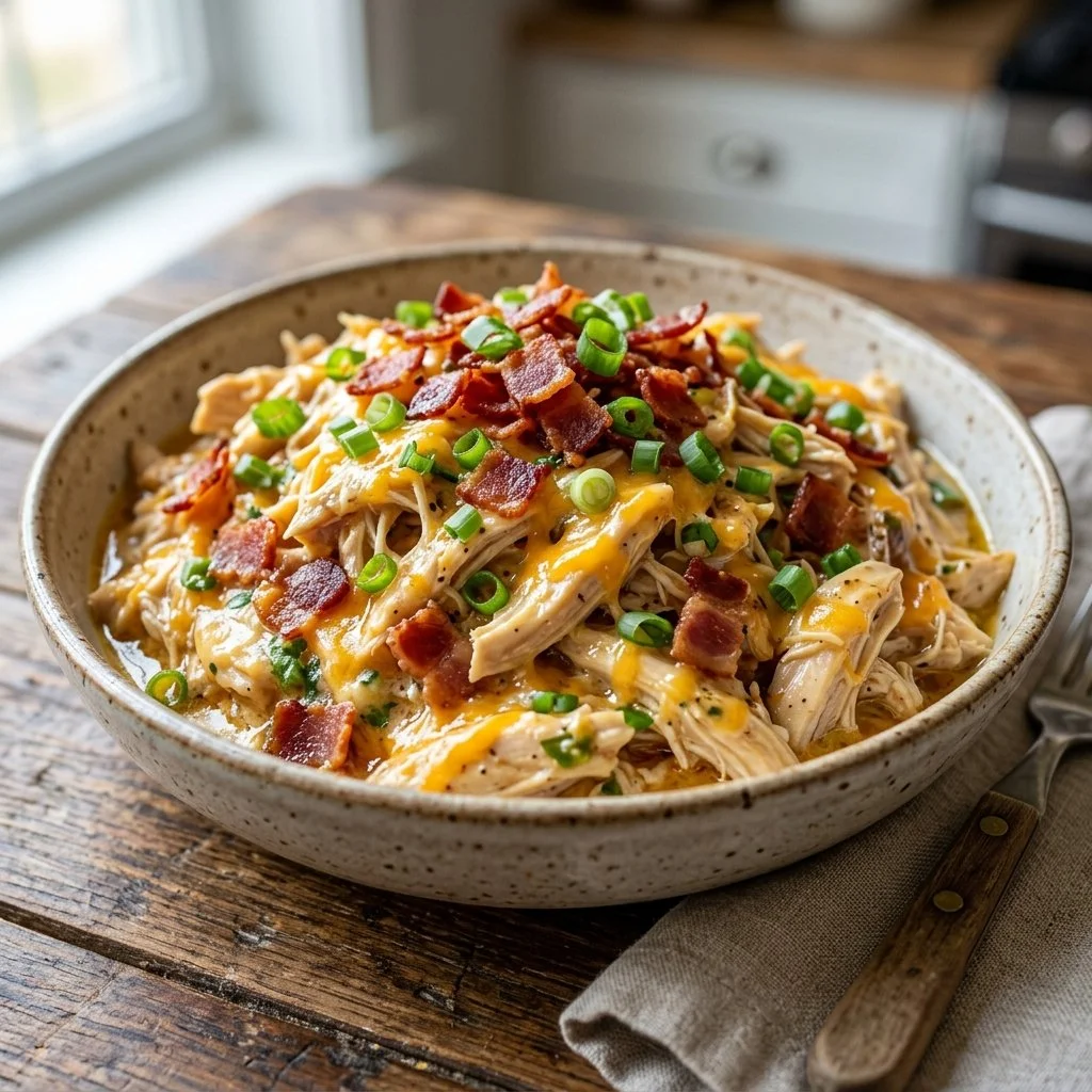 Delicious crack chicken served with toppings in a bowl