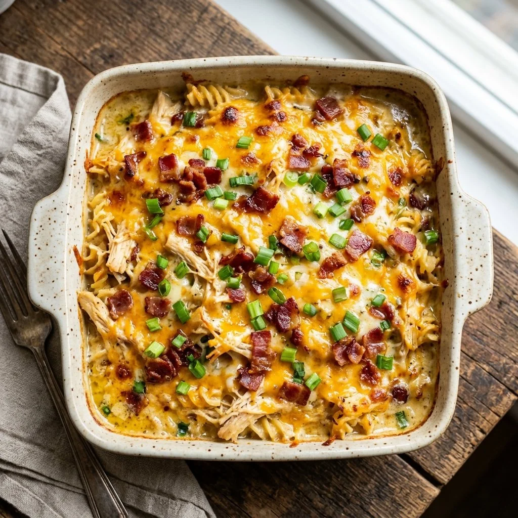 Delicious Crack Chicken Casserole topped with cheese and herbs