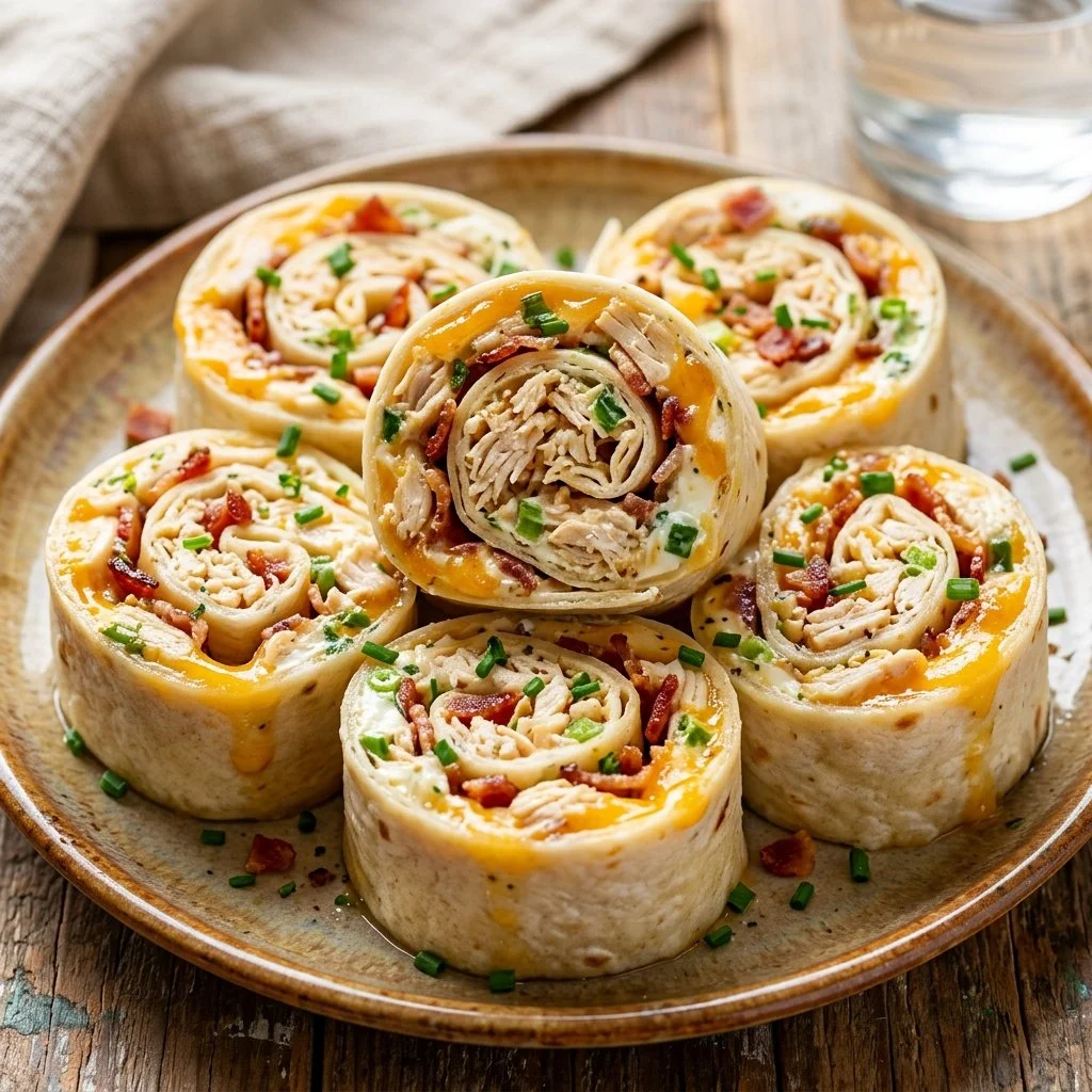 Delicious Crack Chicken Pinwheels served on a platter.