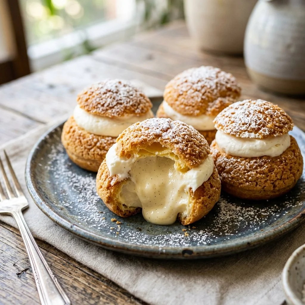 Delicious cream puffs filled with creamy filling and dusted with powdered sugar