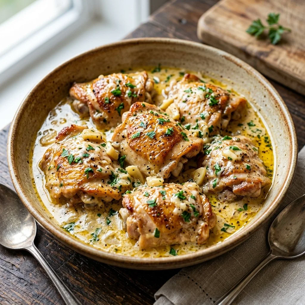 Creamy garlic chicken dish garnished with herbs on a plate