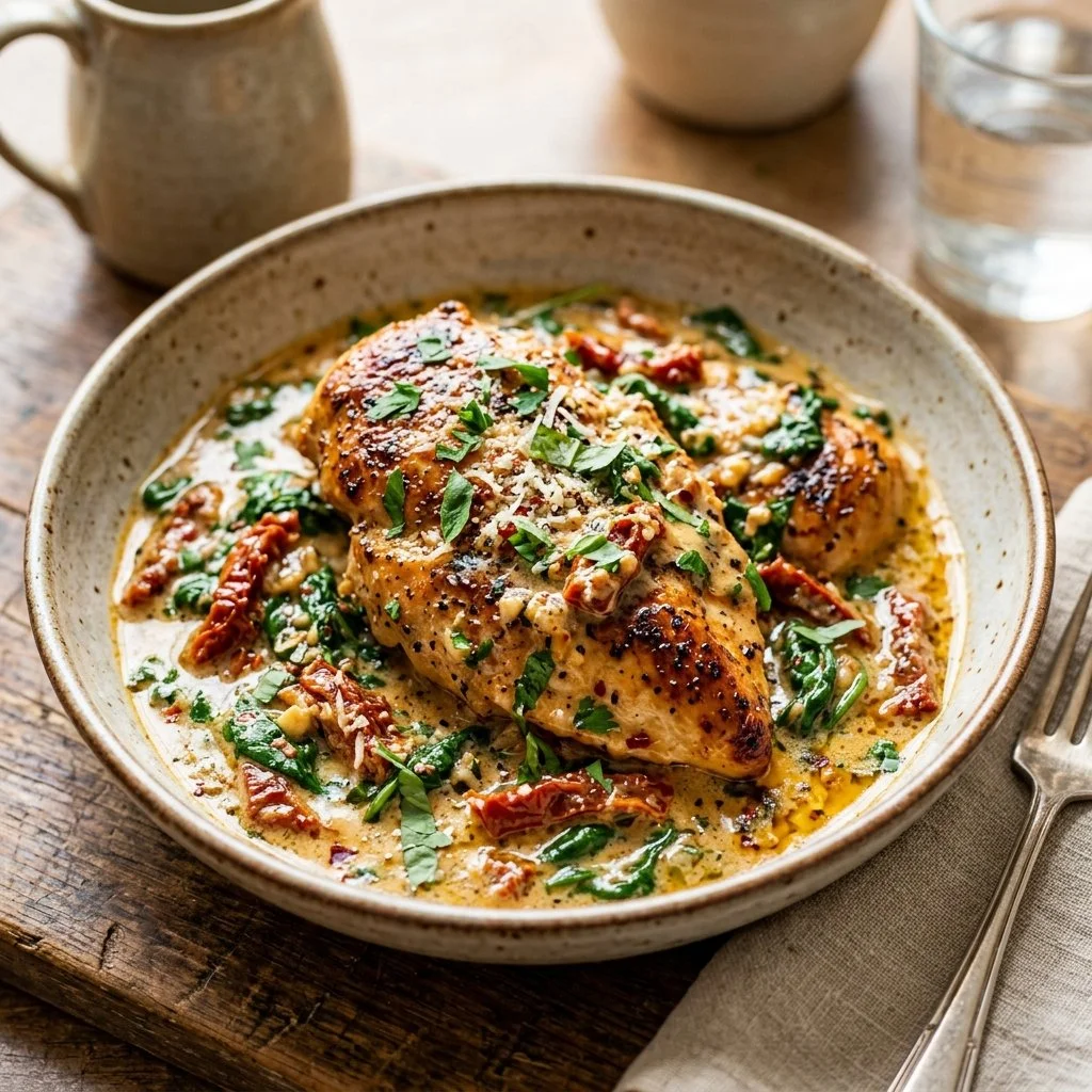 Creamy Tuscan chicken served with herbs and vegetables