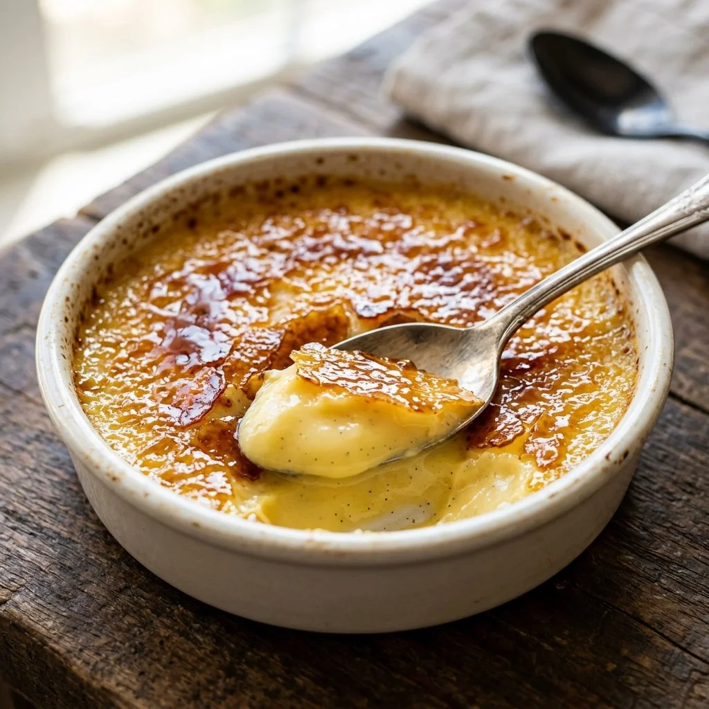 Delicious creme brulee with a golden caramelized sugar crust