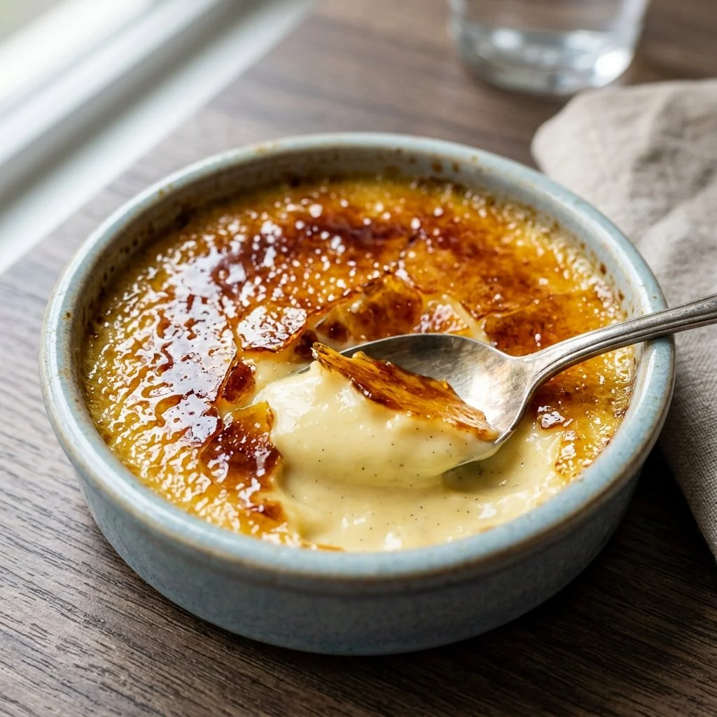 Delicious homemade creme brulee with a crispy caramelized top