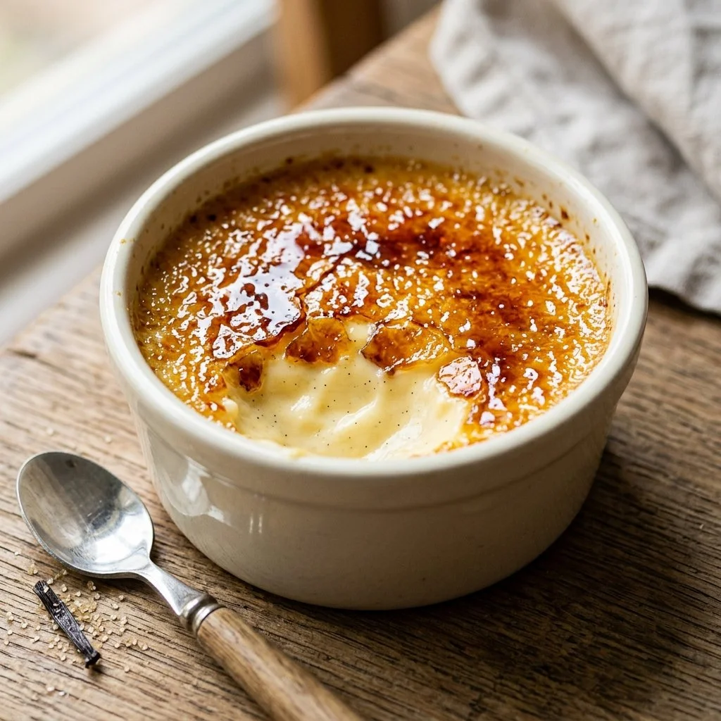 Delicious Crème Brûlée dessert with caramelized sugar topping.