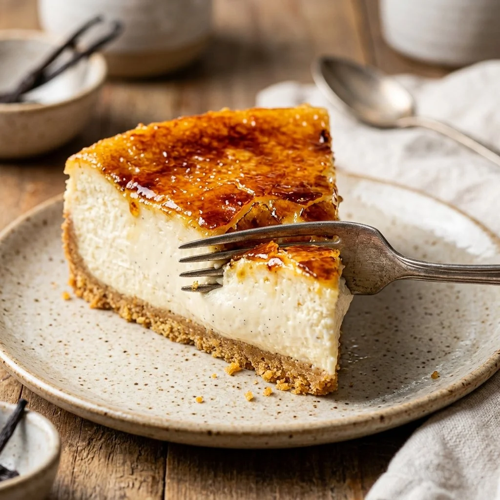Delicious Crème Brûlée Cheesecake garnished with a caramelized sugar top