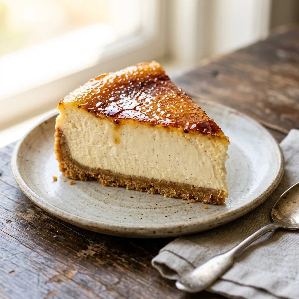 Slice of creamy Creme Brulee Cheesecake with a caramelized sugar topping