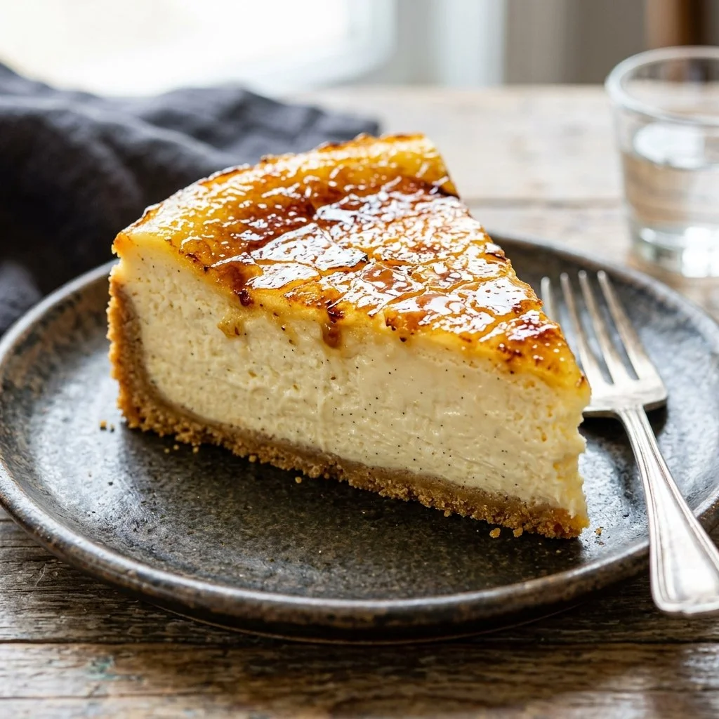 Delicious Crème Brûlée Cheesecake with caramelized sugar topping