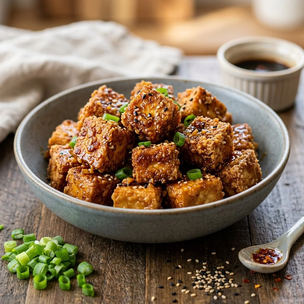 Crispy air fryer tofu served with a dipping sauce on a plate