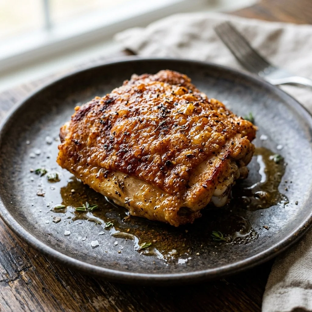 Crispy baked chicken thighs served with herbs and spices on a plate
