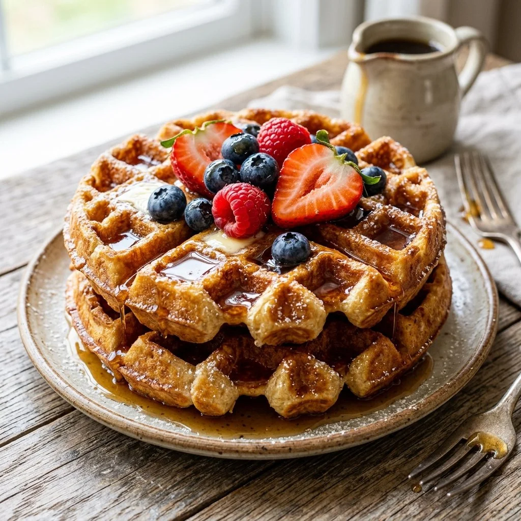 Plate of crispy Belgian waffles topped with syrup and berries