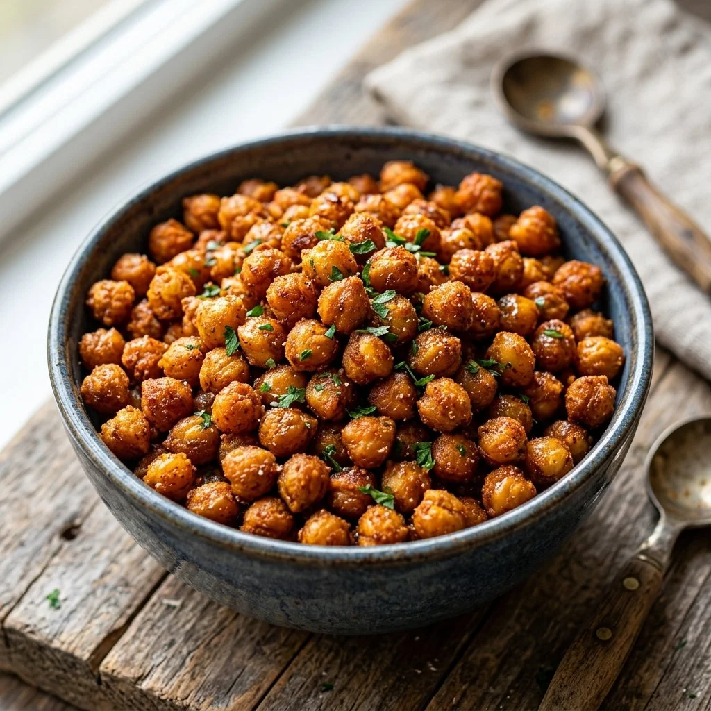 Bowl of crispy roasted chickpeas seasoned for a delicious healthy snack