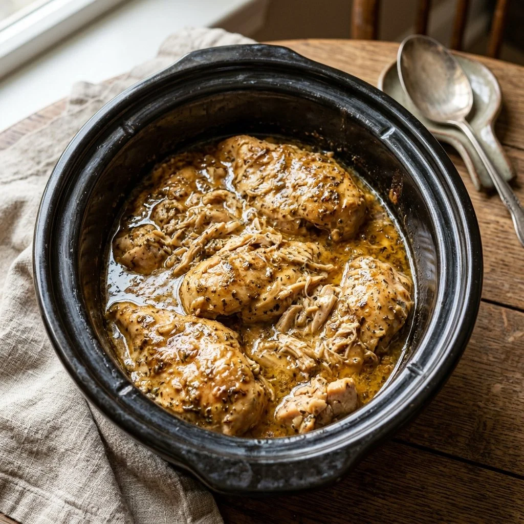 Crockpot Angel Chicken served with creamy sauce and herbs