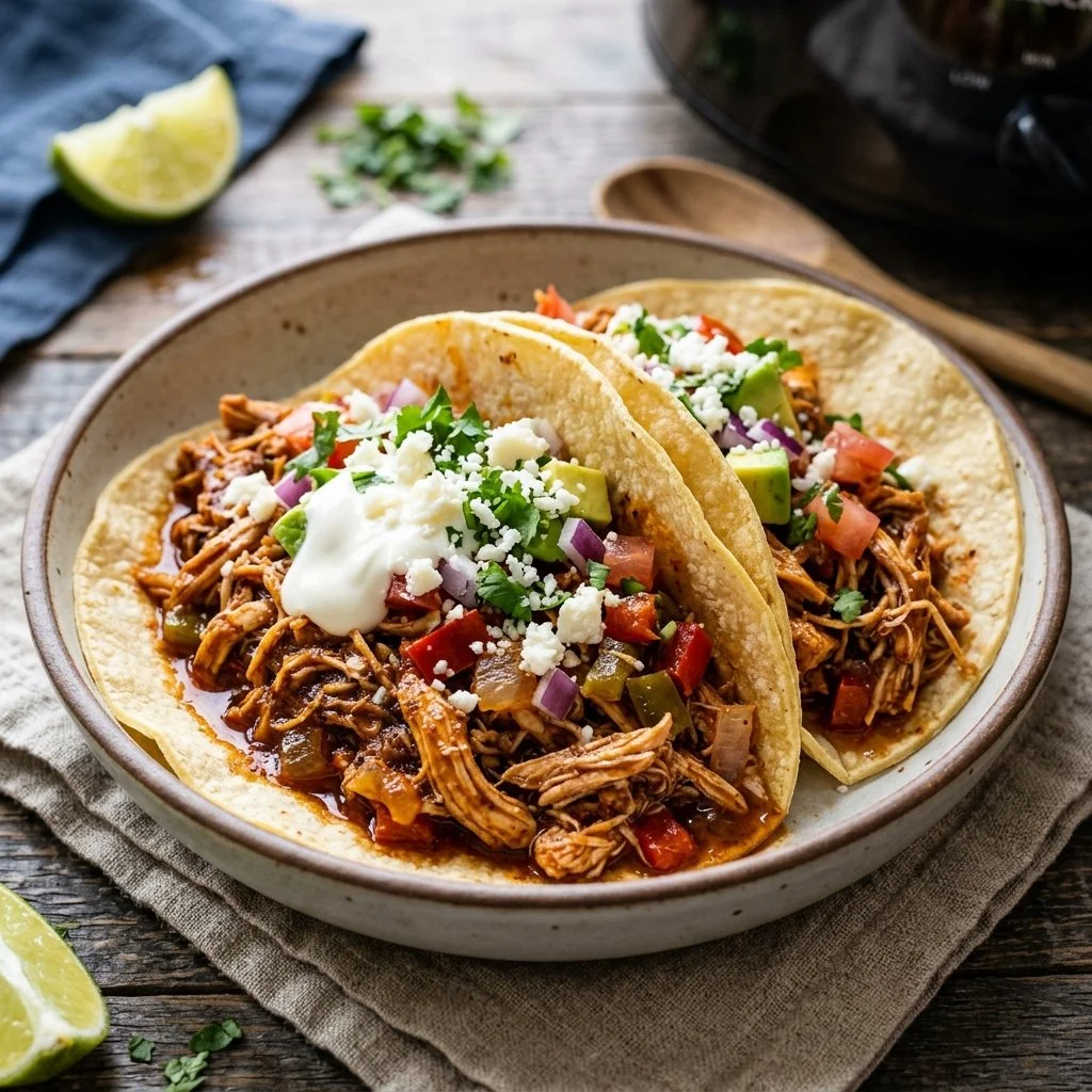 Crockpot chicken tacos topped with fresh ingredients in a bowl
