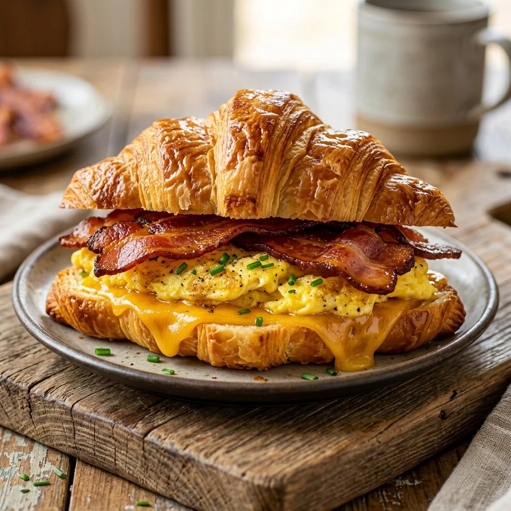 Delicious croissant breakfast sandwich with eggs and cheese