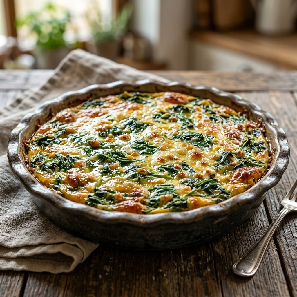 Delicious crustless spinach quiche served on a plate
