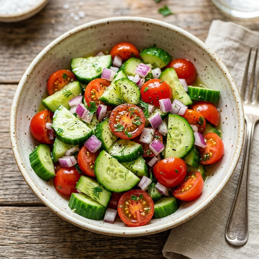 Fresh Cucumber Tomato Onion Salad in a bowl with herbs