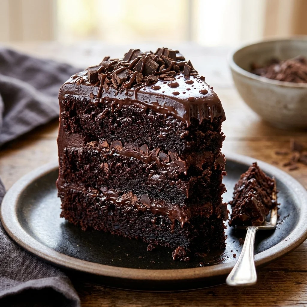 Decadent Death by Chocolate Cake with rich chocolate layers and frosting
