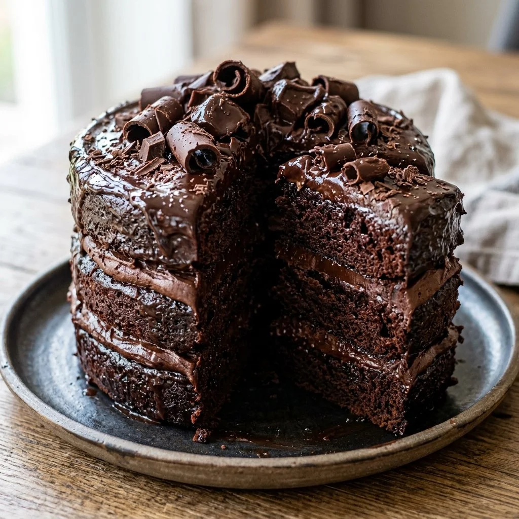 Decadent Death By Chocolate Cake topped with rich chocolate ganache